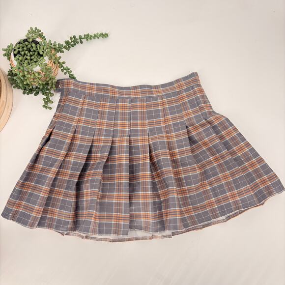 Plaid Pleated Mini Skirt‎ Gray Orange High Waist Preppy Schoolgirl Style - Picture 3 of 6